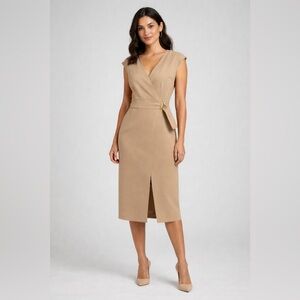 Nanette Lepore Nomad Wrap Style Midi Dress Size 8 Tan Belted V-Neck Sleeveless